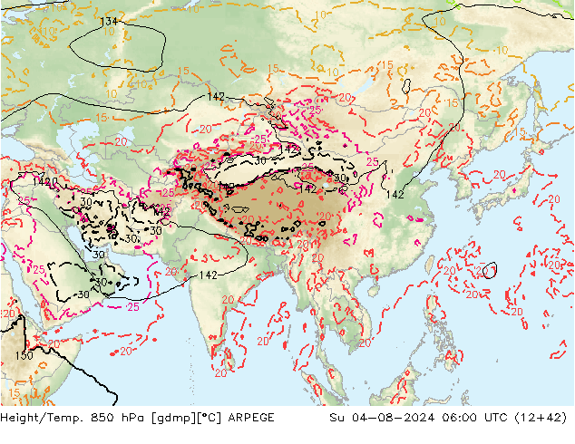 Hoogte/Temp. 850 hPa ARPEGE zo 04.08.2024 06 UTC