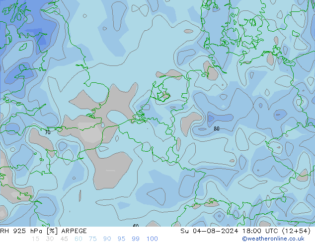 RH 925 hPa ARPEGE 星期日 04.08.2024 18 UTC
