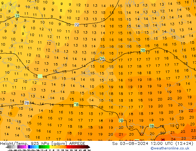 Height/Temp. 925 hPa ARPEGE 星期六 03.08.2024 12 UTC