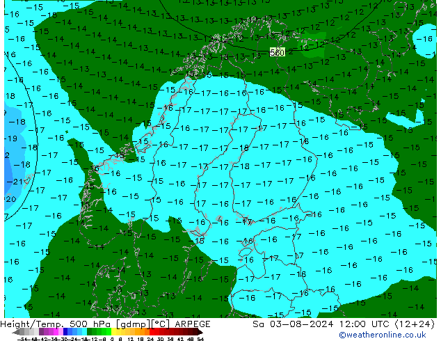 Height/Temp. 500 hPa ARPEGE 星期六 03.08.2024 12 UTC