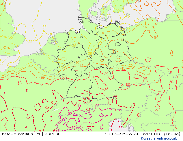 Theta-e 850hPa ARPEGE 星期日 04.08.2024 18 UTC