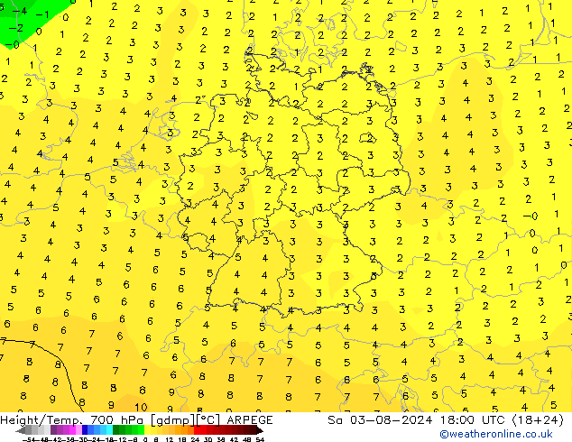 Height/Temp. 700 hPa ARPEGE 星期六 03.08.2024 18 UTC