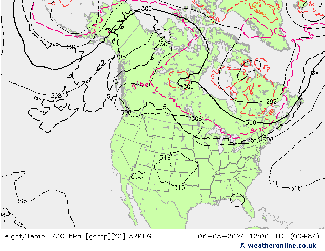 Height/Temp. 700 hPa ARPEGE 星期二 06.08.2024 12 UTC