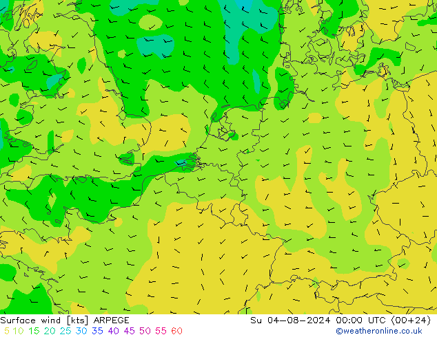 Wind 10 m ARPEGE zo 04.08.2024 00 UTC