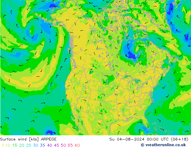 Wind 10 m ARPEGE zo 04.08.2024 00 UTC