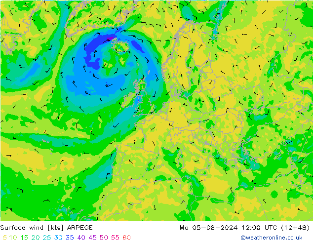 风 10 米 ARPEGE 星期一 05.08.2024 12 UTC