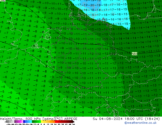 Height/Temp. 500 hPa ARPEGE 星期日 04.08.2024 18 UTC