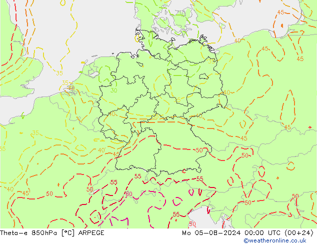 Theta-e 850hPa ARPEGE ma 05.08.2024 00 UTC