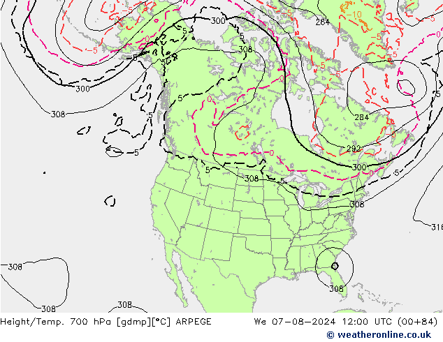 Hoogte/Temp. 700 hPa ARPEGE wo 07.08.2024 12 UTC