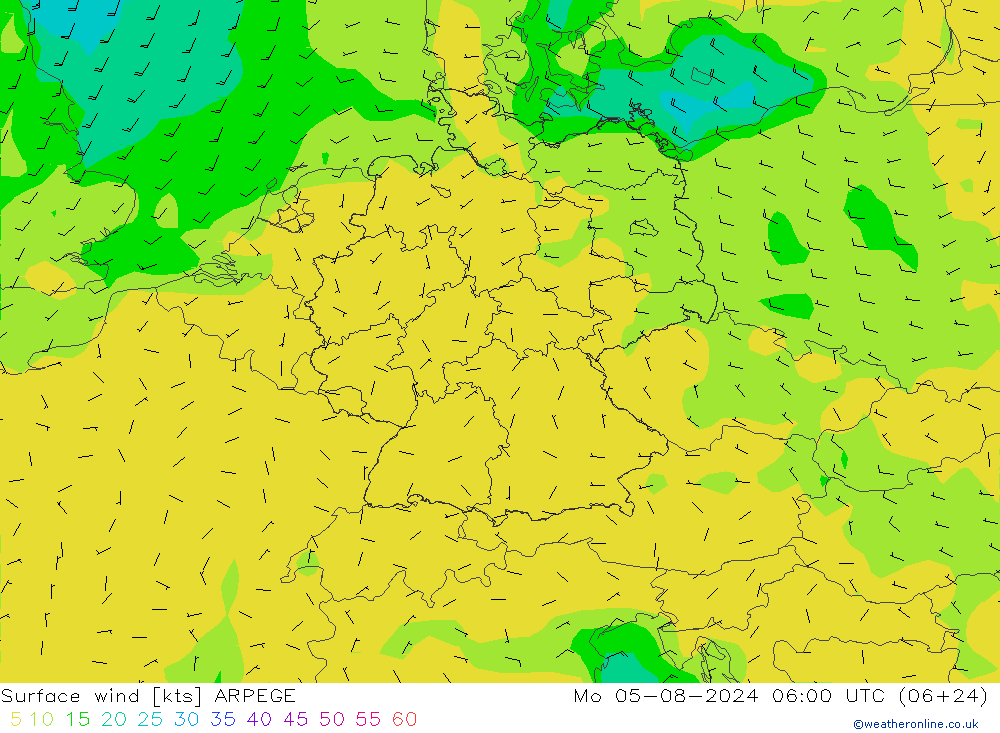 Wind 10 m ARPEGE ma 05.08.2024 06 UTC