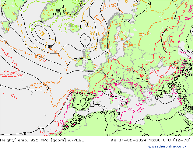 Height/Temp. 925 hPa ARPEGE 星期三 07.08.2024 18 UTC