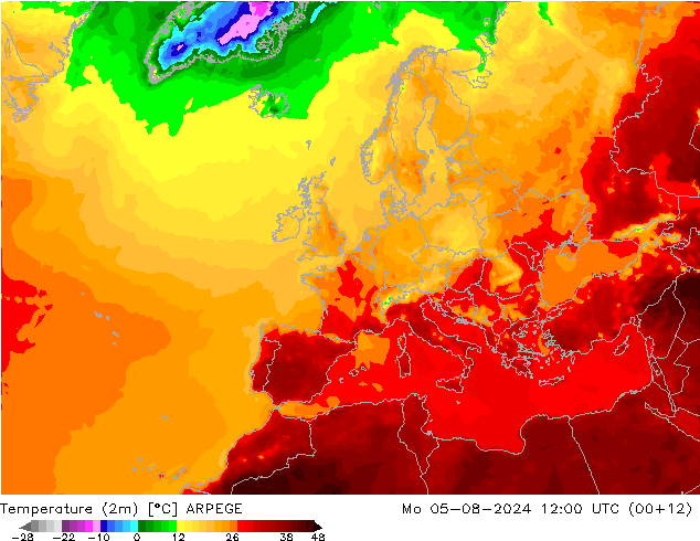 温度图 ARPEGE 星期一 05.08.2024 12 UTC