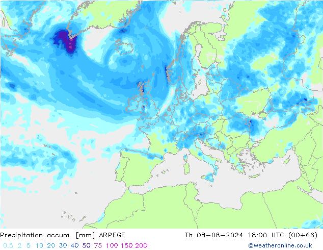 Totale neerslag ARPEGE do 08.08.2024 18 UTC