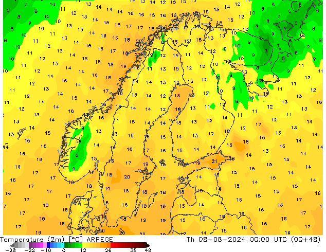 Temperatuurkaart (2m) ARPEGE do 08.08.2024 00 UTC