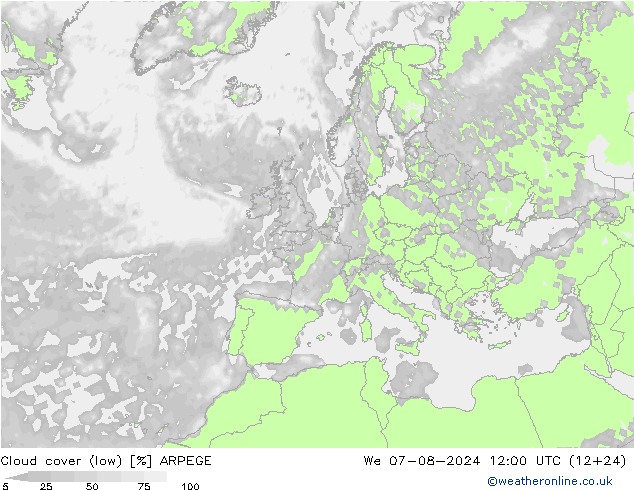 Bewolking (Laag) ARPEGE wo 07.08.2024 12 UTC