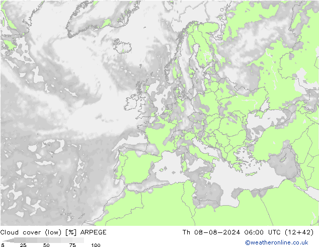 Bewolking (Laag) ARPEGE do 08.08.2024 06 UTC