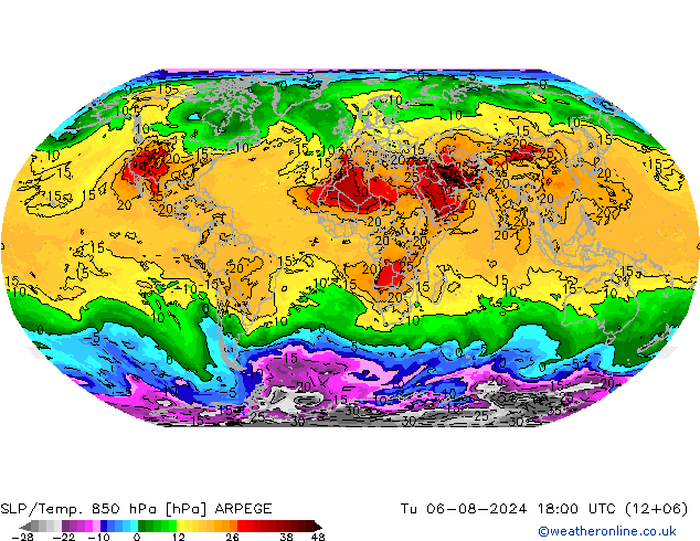 SLP/Temp. 850 hPa ARPEGE di 06.08.2024 18 UTC