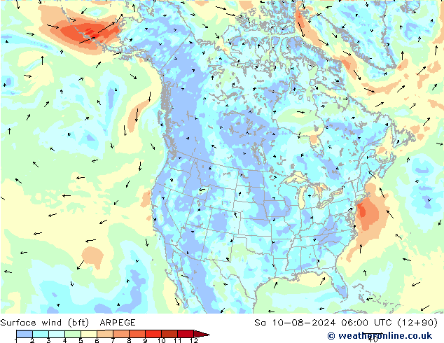 Wind 10 m (bft) ARPEGE za 10.08.2024 06 UTC