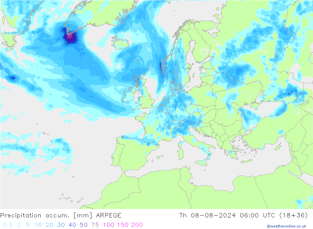 Totale neerslag ARPEGE do 08.08.2024 06 UTC