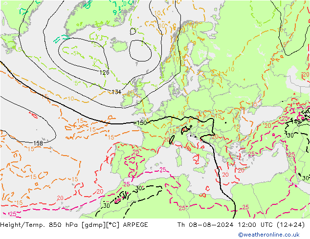 Hoogte/Temp. 850 hPa ARPEGE do 08.08.2024 12 UTC