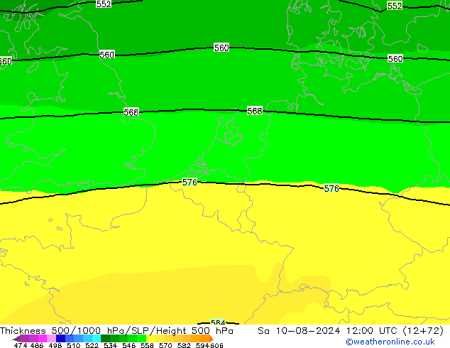 Dikte 500-1000hPa ARPEGE za 10.08.2024 12 UTC