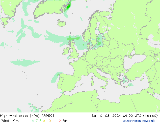 High wind areas ARPEGE 星期六 10.08.2024 06 UTC