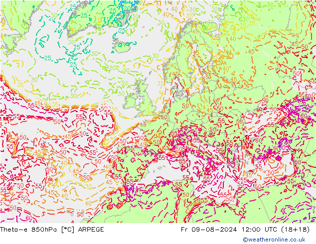 Theta-e 850hPa ARPEGE Fr 09.08.2024 12 UTC