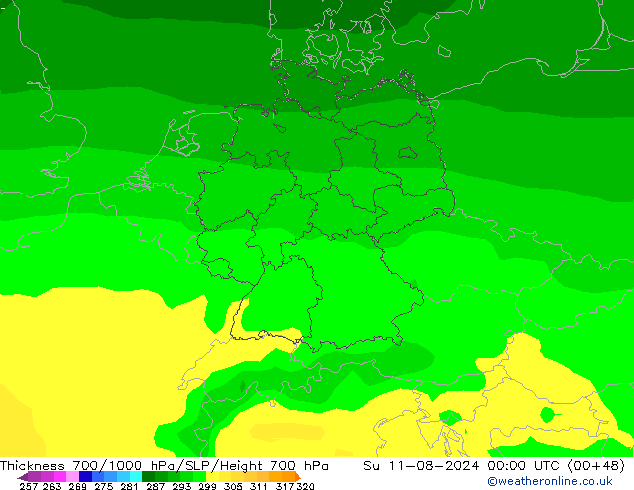 Thck 700-1000 hPa ARPEGE 星期日 11.08.2024 00 UTC