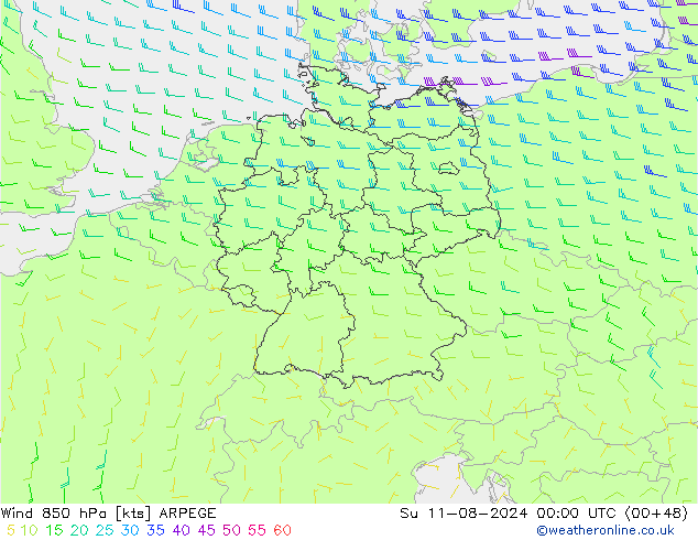 风 850 hPa ARPEGE 星期日 11.08.2024 00 UTC