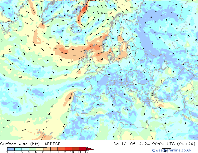 Wind 10 m (bft) ARPEGE za 10.08.2024 00 UTC