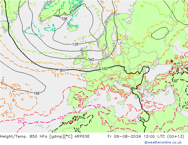 Height/Temp. 850 hPa ARPEGE 星期五 09.08.2024 12 UTC