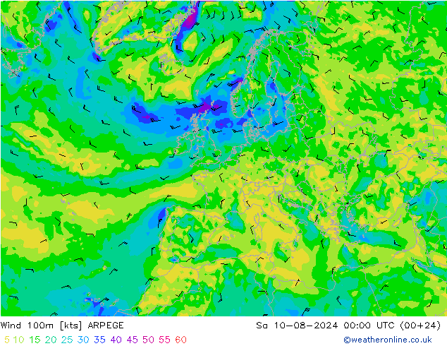 Wind 100m ARPEGE za 10.08.2024 00 UTC