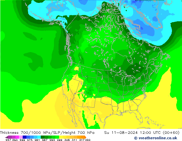 Thck 700-1000 hPa ARPEGE 星期日 11.08.2024 12 UTC