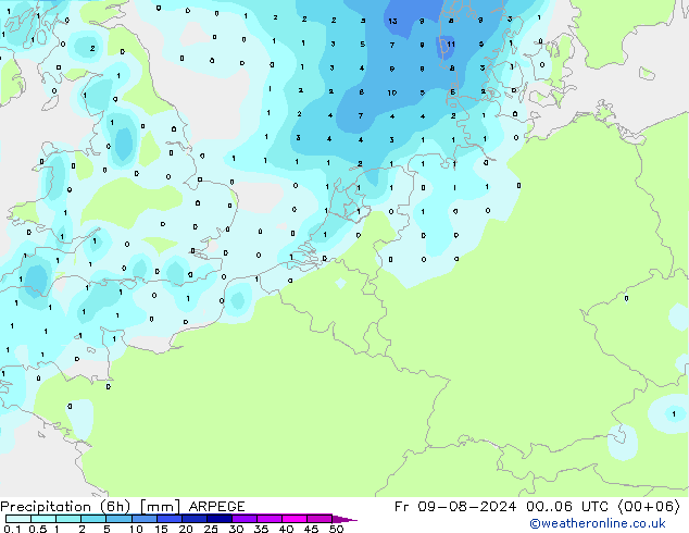 降水量 (6h) ARPEGE 星期五 09.08.2024 06 UTC