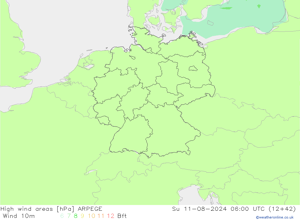 High wind areas ARPEGE 星期日 11.08.2024 06 UTC