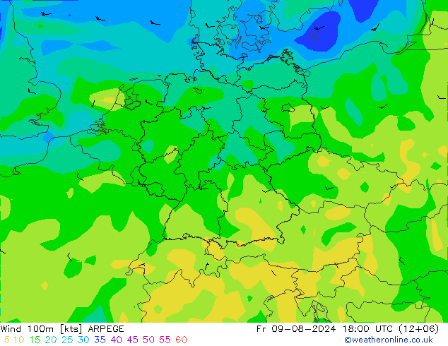 风 100m ARPEGE 星期五 09.08.2024 18 UTC