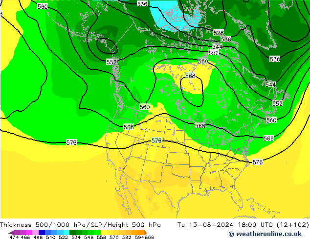 Thck 500-1000hPa ARPEGE 星期二 13.08.2024 18 UTC