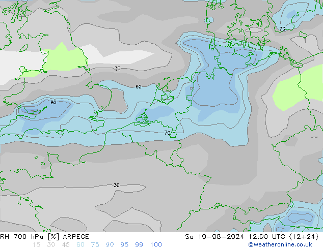 RH 700 hPa ARPEGE 星期六 10.08.2024 12 UTC