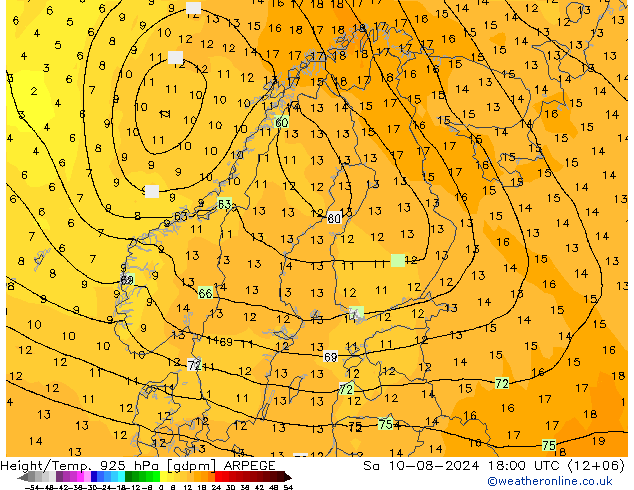 Height/Temp. 925 hPa ARPEGE 星期六 10.08.2024 18 UTC