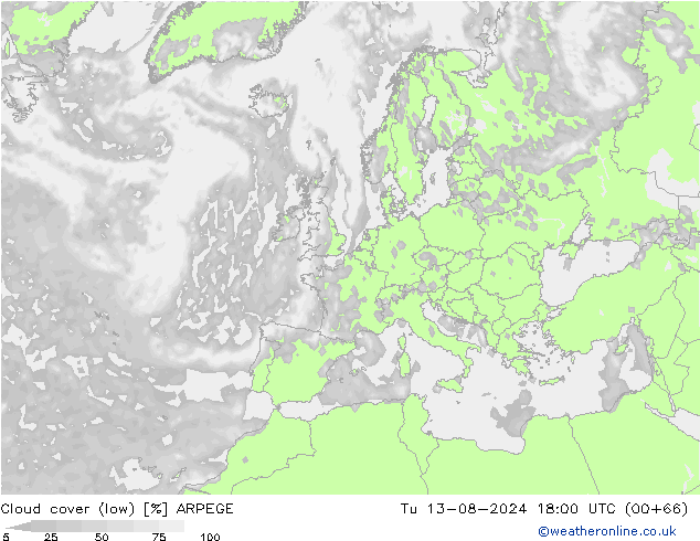 Bewolking (Laag) ARPEGE di 13.08.2024 18 UTC