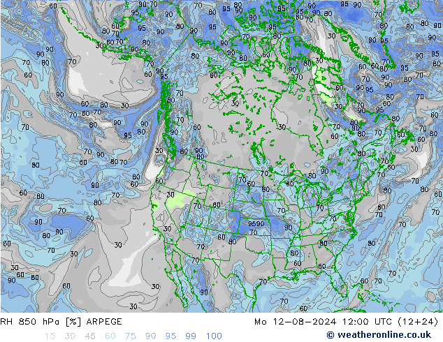 RH 850 hPa ARPEGE 星期一 12.08.2024 12 UTC