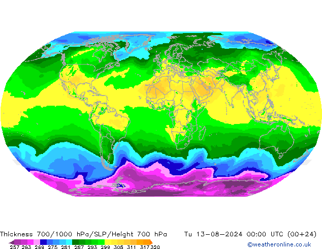 Dikte700-1000 hPa ARPEGE di 13.08.2024 00 UTC