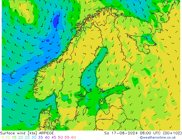 Wind 10 m ARPEGE za 17.08.2024 06 UTC