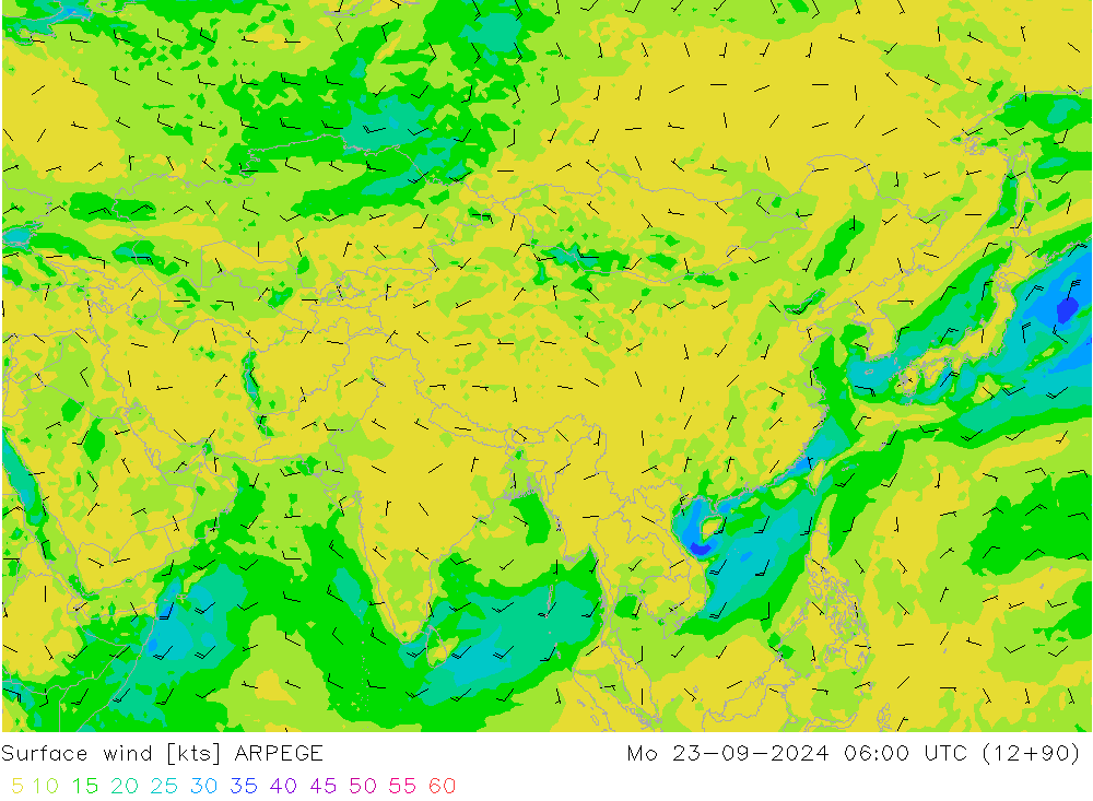 Surface wind ARPEGE Po 23.09.2024 06 UTC