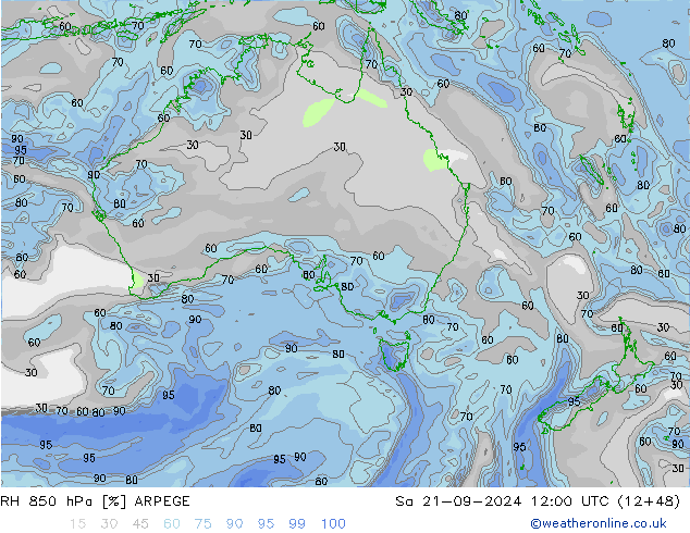 RH 850 hPa ARPEGE so. 21.09.2024 12 UTC