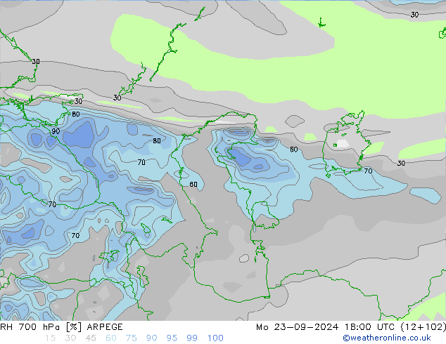 RH 700 hPa ARPEGE Mo 23.09.2024 18 UTC