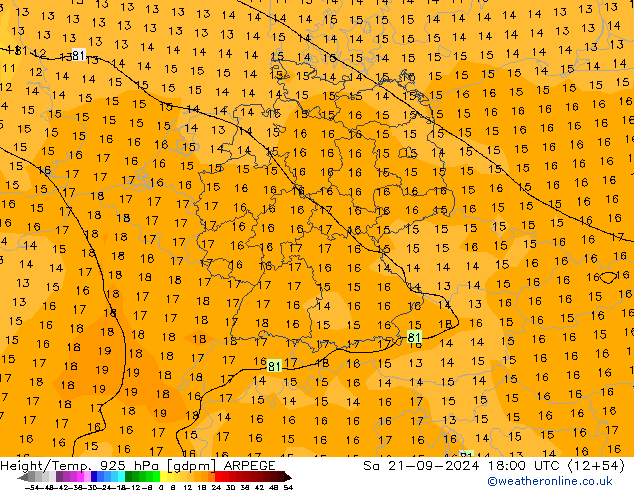 Height/Temp. 925 hPa ARPEGE Sáb 21.09.2024 18 UTC