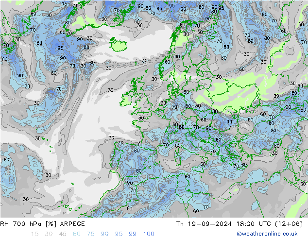 RH 700 hPa ARPEGE czw. 19.09.2024 18 UTC