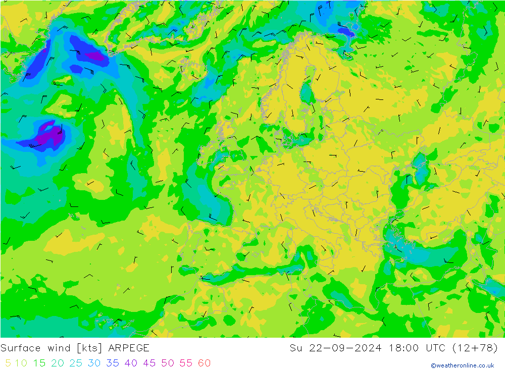 Wind 10 m ARPEGE zo 22.09.2024 18 UTC