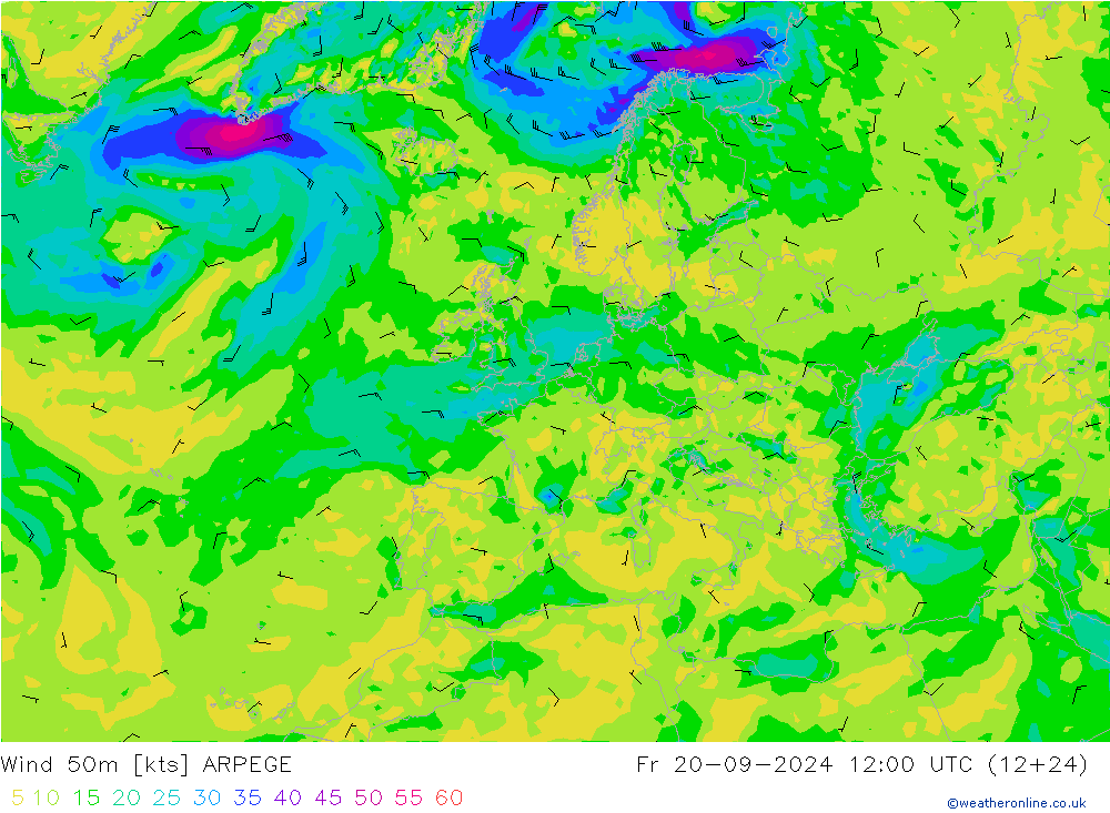 Wind 50 m ARPEGE vr 20.09.2024 12 UTC